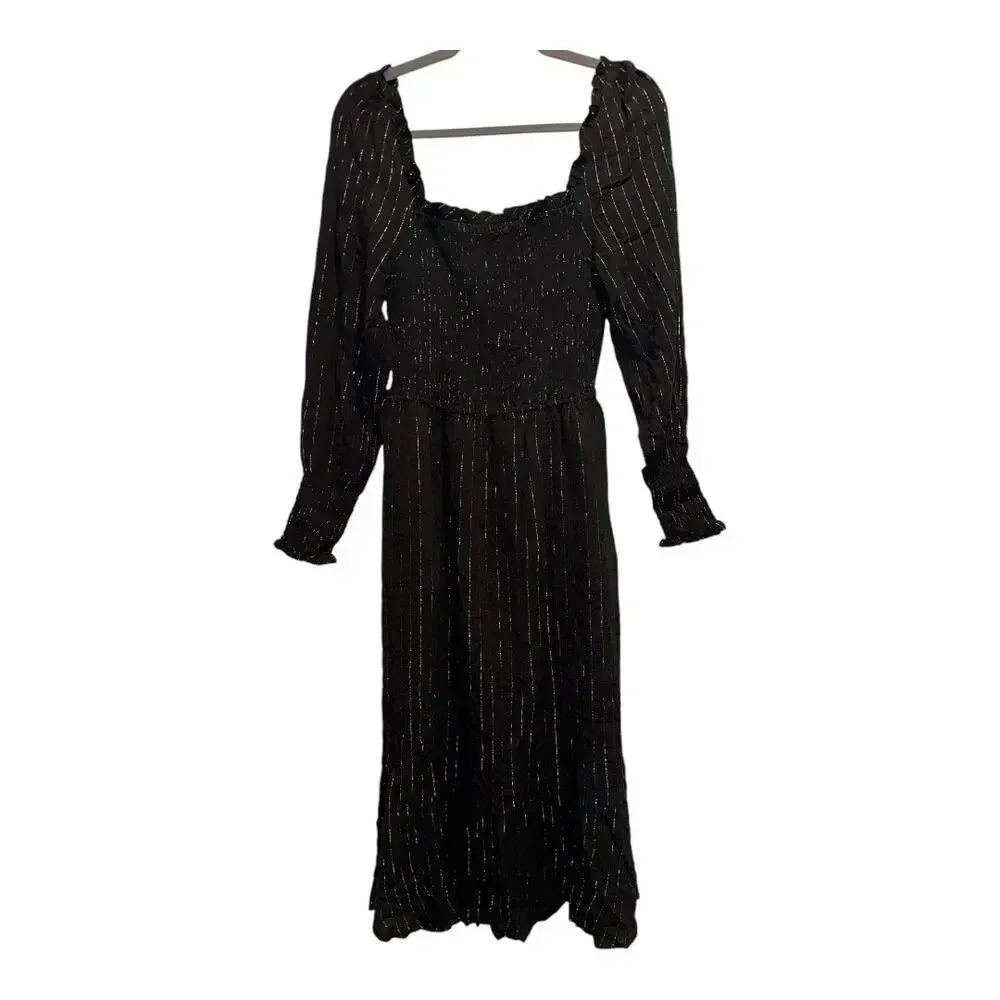 NWT Oat New York Long‎ Sleeve Black & Gold Square Neck Smocked Dress | Size S